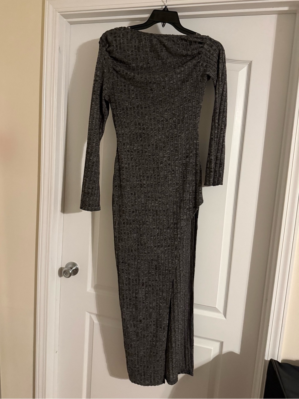 SHEIN Charcoal Gray Off-Shoulder Ribbed High-Low Dress with Thigh Slit